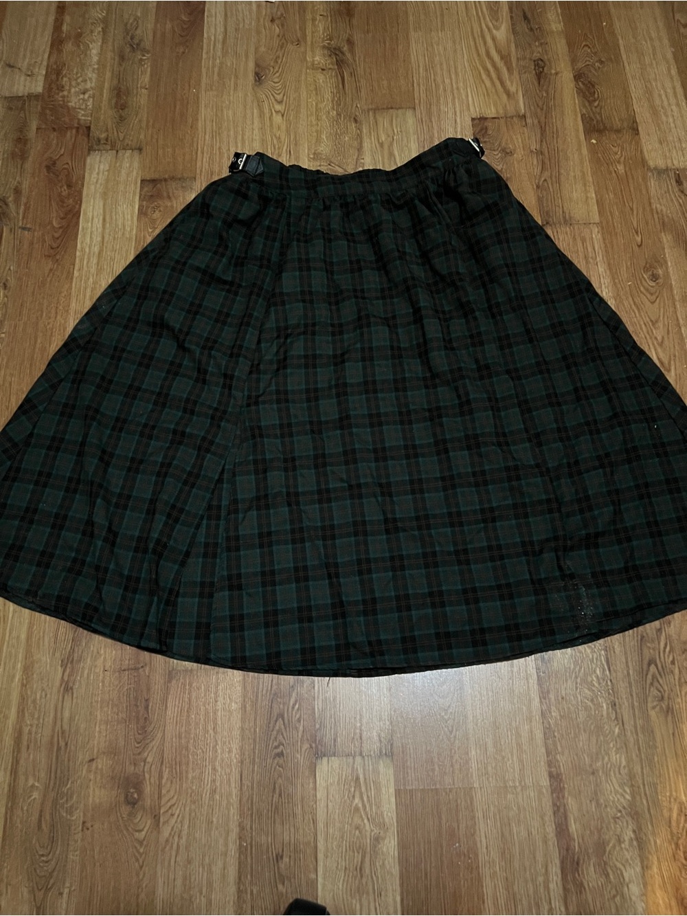 Black and Dark Green Plaid Midi Skirt